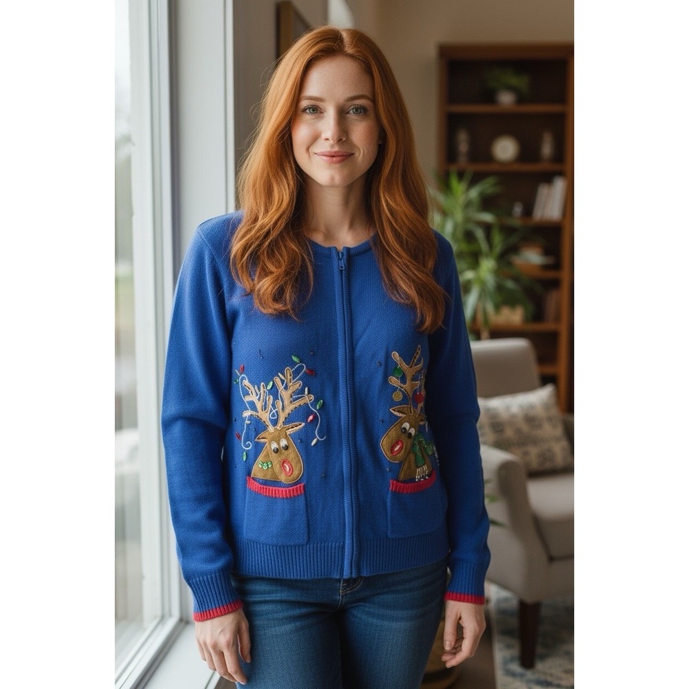Vtg Heirloom Collectibles Women Christmas Sweater Cardigan L Reindeer Blue Zip